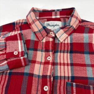 Wrangler Flannel Shirt Womens Size Small Red Blue Plaid Button‎ Up Long Sleeve